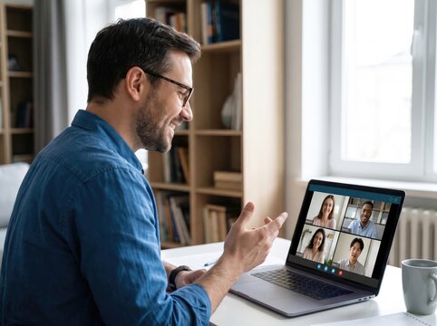 A man having an online video conference with colleagues on his laptop at home.Concept of remote communication and teamwork.
