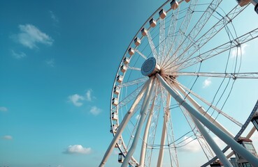 Obraz premium Giant white ferris wheel rotates against bright blue sky with light clouds. Amusement park attraction offers scenic city views. Ride offers fun vacation experience.