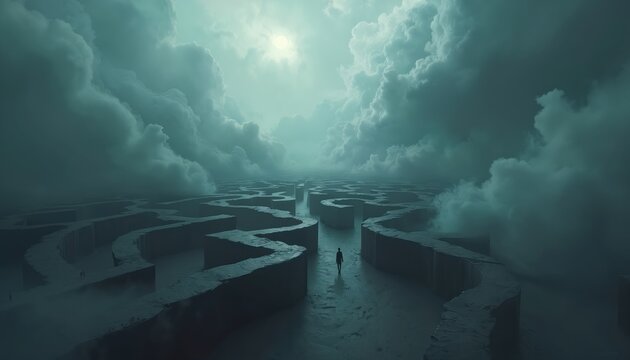 Person walks through complex maze with tall stone walls under cloudy sky. Figure feels lost and trapped in confusing labyrinth. Dramatic mood and atmosphere suggest inner struggle.