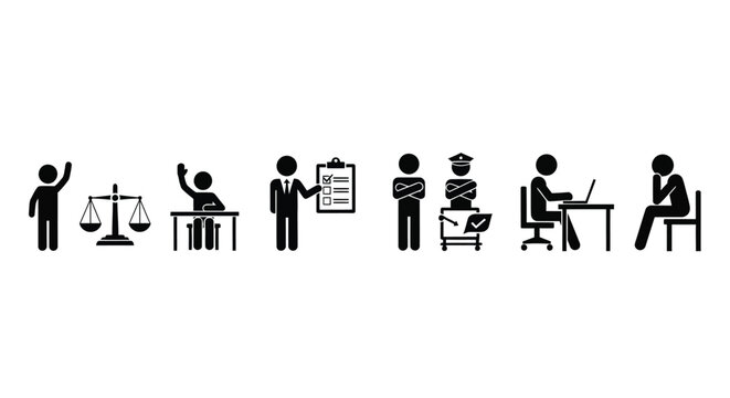Collection of stick figure icons illustrating various professions and legal scenarios