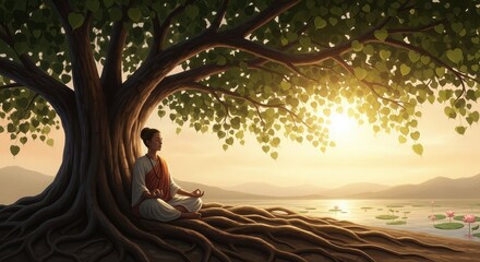 Fototapeta premium Person meditating peacefully under a large tree at sunset