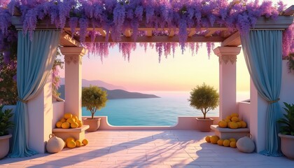 Obraz premium Mediterranean terrace pergola with blooming wisteria vines. Orange citrus fruits in pots sit near turquoise sea at sunset. Relaxing coastal view.