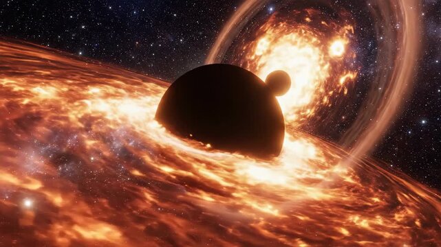 A massive black hole devours a star in a distant galaxy with swirling cosmic flames and stars.