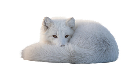 Fototapeta premium Isolated arctic fox in its stunning white winter coat, curled up peacefully resting.