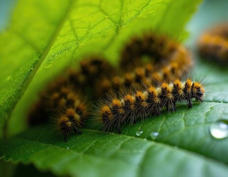 Many hairy orange and black caterpillars crawl on fresh green leaf. Insects eat foliage in natural environment. Macro detail shows larvae on plant with water drops.