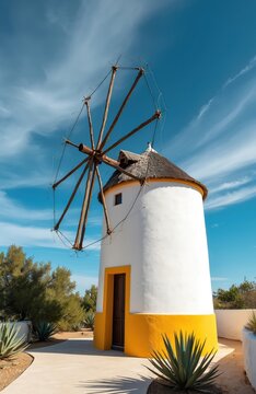 Old white windmill with yellow base and thatched roof under blue sky. Wooden blades face skyward. Arid plants surround building. Sunny outdoor scene.