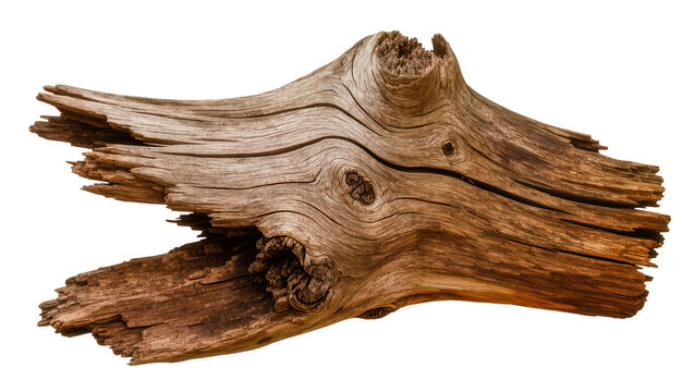 Isolated Old Weathered Gnarled Wood Piece with Beautiful Rustic Texture and Deep Cracks