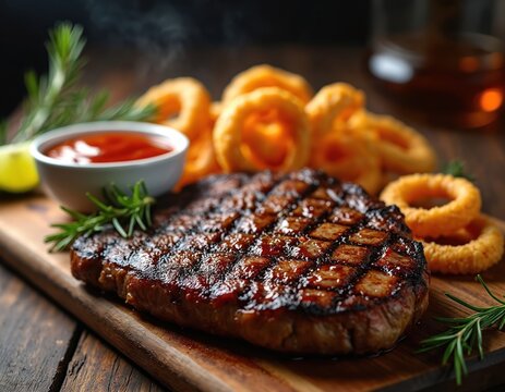 Juicy grilled steak with crisscross sear marks served with crispy onion rings and barbecue sauce. Garnished with rosemary and lime on rustic wood board. A hearty meal.