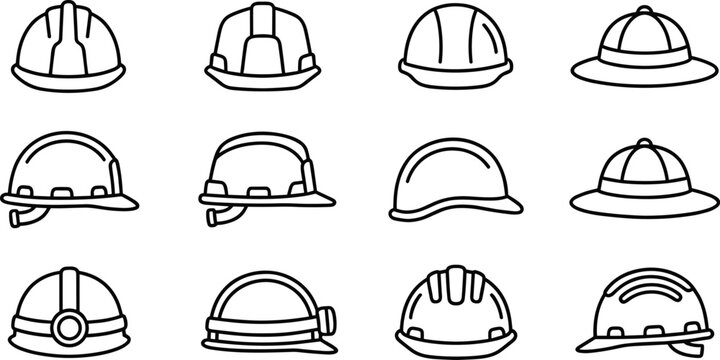 construction safety helmet icon set with different hardhat styles on transparent background