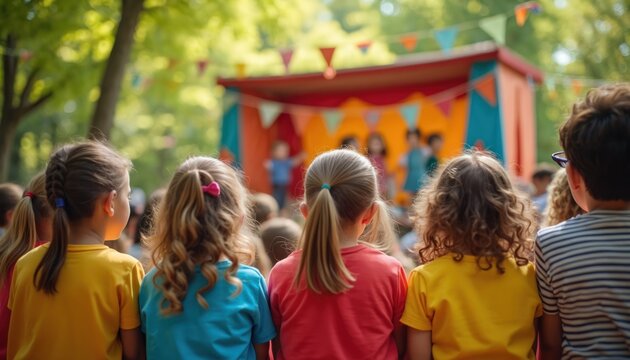 Children watch colorful puppet show on outdoor stage. Kids sit together at community event enjoying performance. Young audience smiles laughing, captivated by playful story.