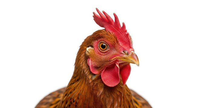 A close-up of a brown chicken with a red comb and wattle looking to the right on a white background 