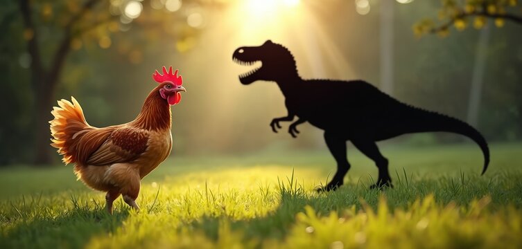 Funny chicken sees its giant dinosaur shadow on grassy field at sunset. Bird looks surprised by prehistoric creature threat. Comedy, absurdity, imagination theme.