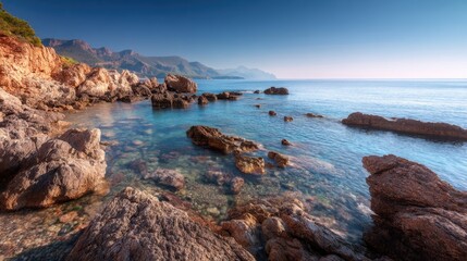 Obraz premium Serene rocky coastline with clear turquoise waters and distant mountain ranges under a bright blue sky during a calm sunny day by the sea