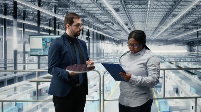 Developing technology roadmaps, silicon wafers and factory manager with woman. Upgrading semiconductor substrates, maintenance checklist and workers engineering tech, camera A