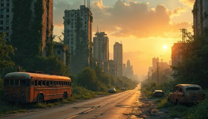 Obraz premium Post-apocalyptic city street with abandoned old bus, cars. Overgrown buildings, vegetation line road during hazy sunset. Crumbling infrastructure, rusted vehicles suggest, past destruction.