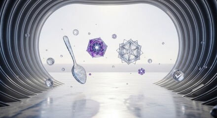 Naklejka premium Futuristic AI Gastronomy Concept with Floating Gemstone Spoon Sculpture in Minimalist Architectural Void