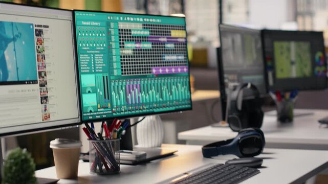 Audio editing interface, music production, DAW display with stereo controls, equalizer panels mixing sounds for recorded audio tracks. Modern tools used in electronic music creation.