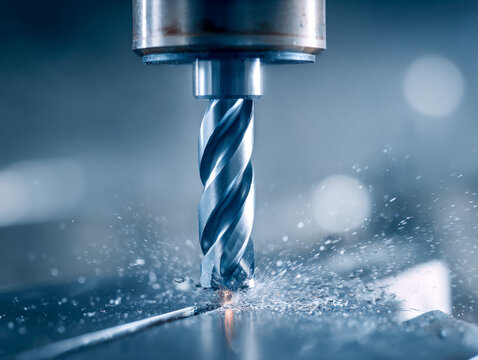 Industrial metal drilling machine producing sparks and metal shavings while cutting through hard steel on a high-precision automated milling process