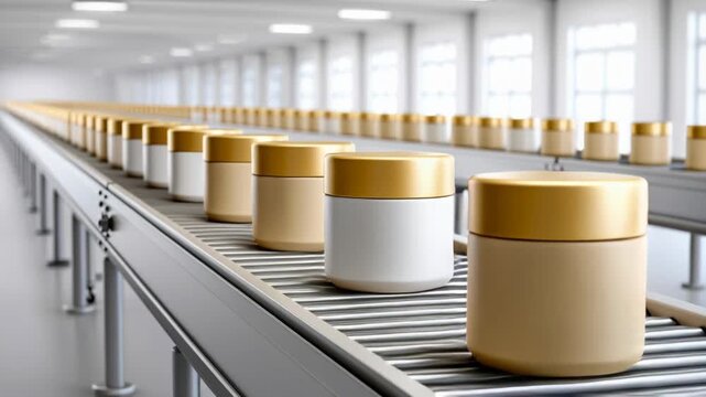 A manufacturing line features rows of cosmetic jars with elegant gold lids moving on a conveyor.