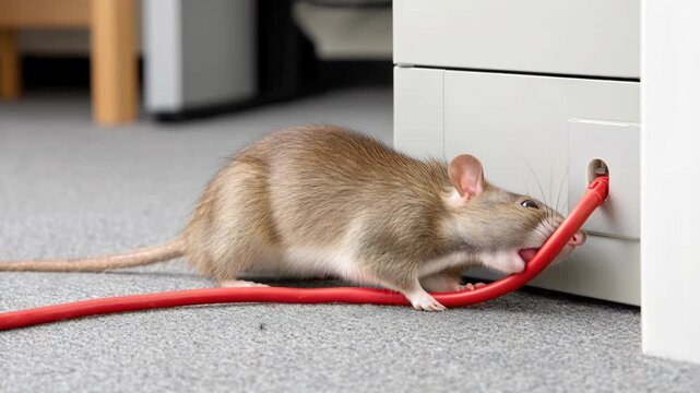 A brown rat nibbles on a thick red cable protruding from a white wall socket on a grey carpet.