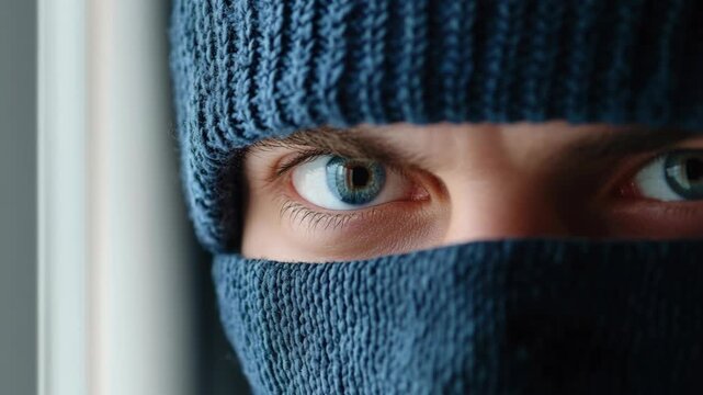 A man wearing a blue knit mask looks suspiciously from behind a wall, focusing on his eyes.