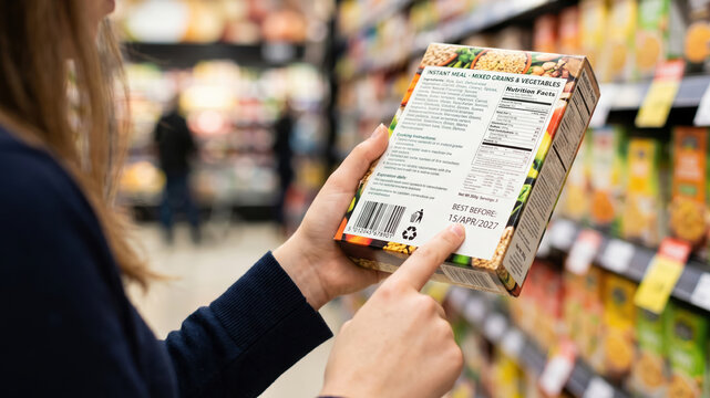 A person stands in a grocery store holding a box of instant mix containing grains and vegetables. They read the nutrition facts and the expiration date on the back of the box