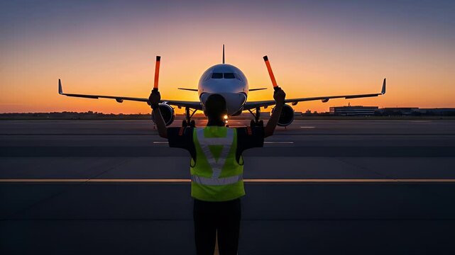 Air traffic ground crew worker guides a large passenger airplane on the tarmac at a beautiful sunset, performing essential duties for safe travel operations.