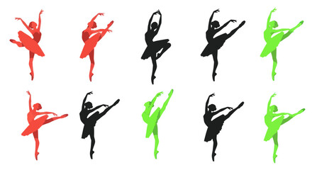 Fototapeta premium Ballet Dancer Silhouettes: Dynamic Poses in Red, Black, and Green