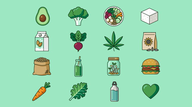 Vibrant Vegan and Plant-Based Food Icons on a Fresh Green Background