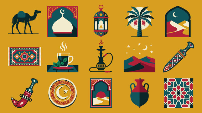 Illustration Set of Arabic and Middle Eastern Cultural Icons on Yellow Background