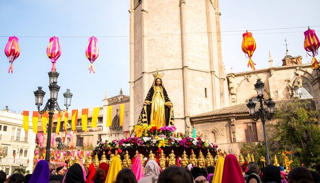 Religious procession with a golden statue of a saint