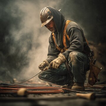 Focused construction worker meticulously handling electrical wiring amidst a gritty, industrial setting, showcasing dedication and precision in challenging conditions.