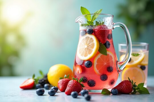 Fresh berry lemonade pitcher with strawberries blueberries and lemon slices, summer drink