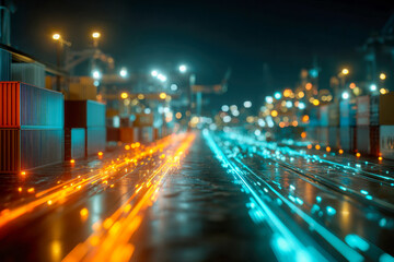 Fototapeta premium Futuristic digital pathway with glowing orange and blue light trails running through an industrial shipping container yard at night with blurred background lights