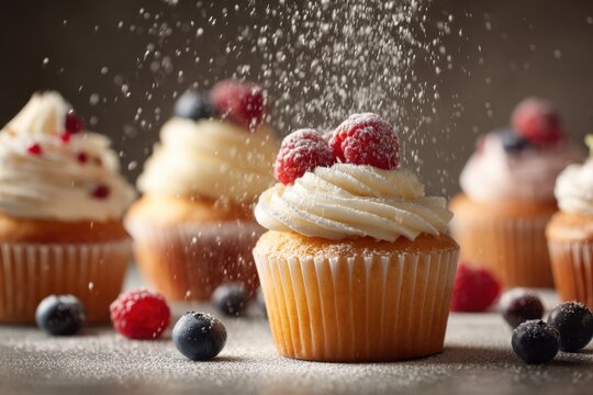 Freshly baked vanilla cupcakes topped with creamy frosting and fresh raspberries dusted with powdered sugar on rustic surface with blurred background of assorted ber