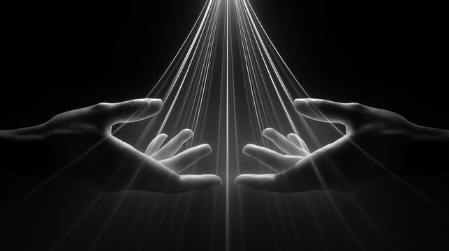 Two hands extending upwards, receiving powerful beams of white light converging from above in a dramatic monochrome composition.