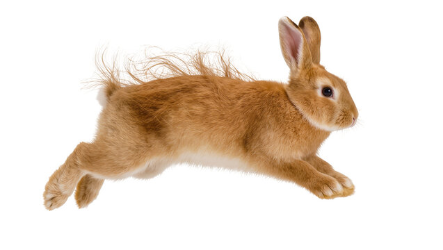 Isolated cute ginger rabbit in a dynamic running pose, leaping across frame with energy