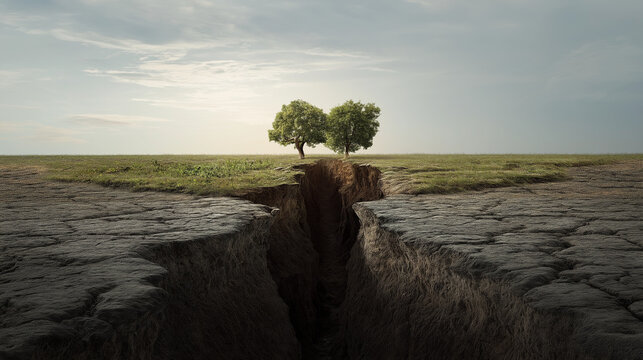 Two resilient green trees stand on a cliff, overlooking a deep crack in barren earth under a vast sky.