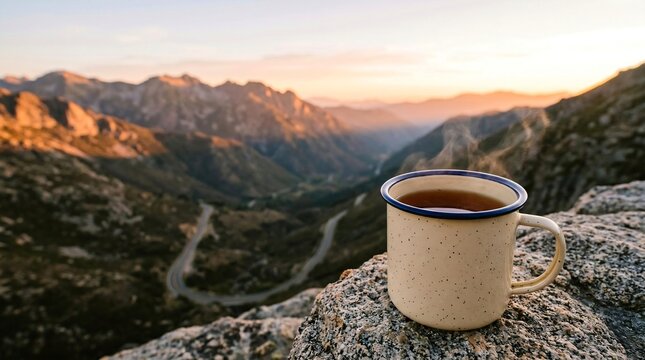 Steaming enamel mug on rocky ledge overlooking mountain valley