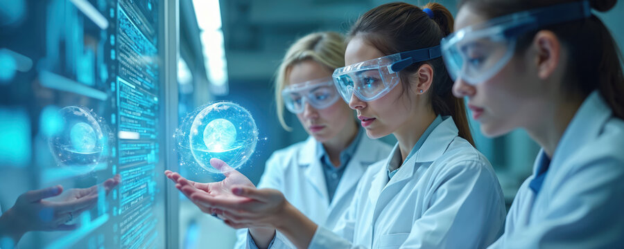 Scientists analyze glowing cell model with futuristic tech interface. Researchers in lab coats and safety goggles examine digital data on screen. Advanced science study in modern facility.