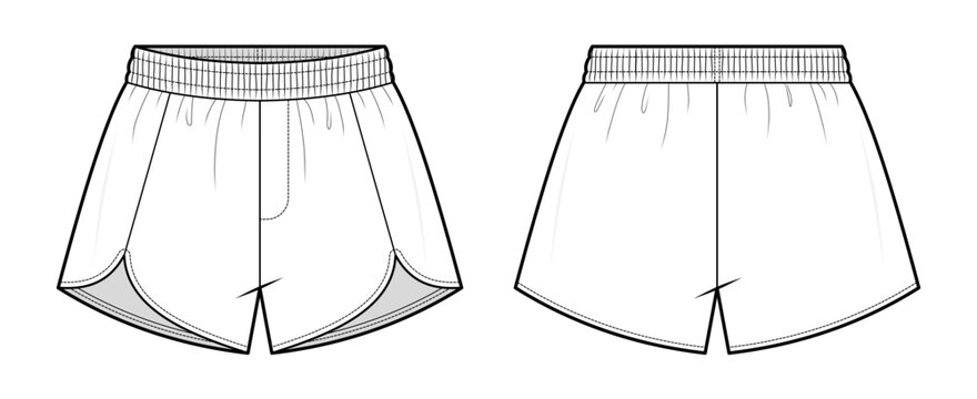 Dolphin Hem Running Shorts Vector. unisex Athletic Boxer Shorts Technical Flat Sketch
