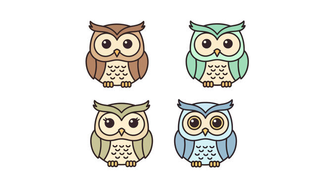 Colorful cartoon owl characters standing.