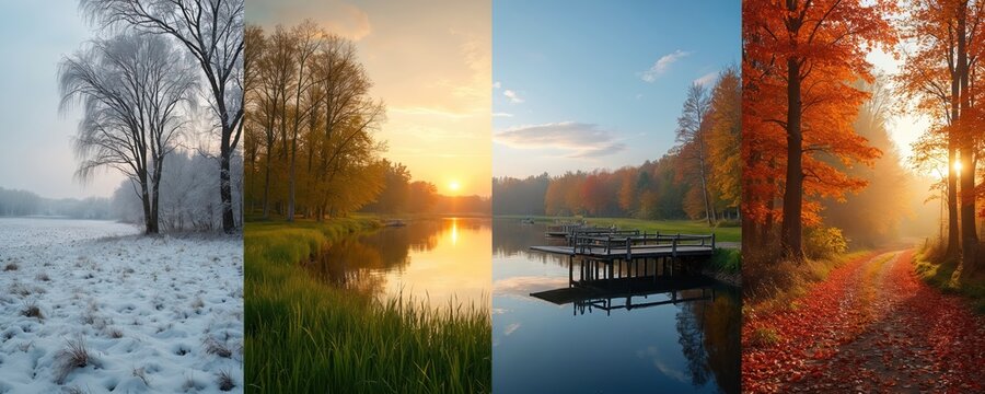 collage shows Ukraine nature from winter snow to autumn colors. Spring grass by lake reflects sunset. Winter frost covers field trees. Summer has bright sun.