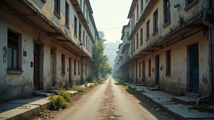 Fototapeta premium Abandoned urban street with old deteriorating buildings, atmospheric cinematic scene