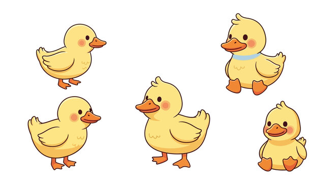 Five Yellow Cartoon Ducklings Walking Around.