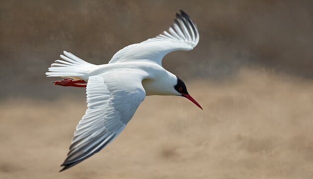 White bird with black head and red beak flies with wings spread. Caspian tern soars gracefully above blurred sandy ground. Wildlife avifauna in natural flight motion.