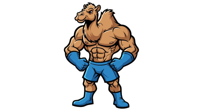 Muscular camel cartoon character standing strong.