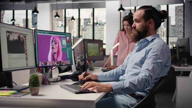 Retouching software, designer editing photos, doing color grading, and image selection for editorial post production materials and catalog results. Commercial advertising agency tasks.
