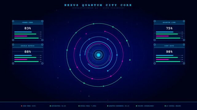A Smart City Dashboard displaying quantum data fluctuations and infrastructure metrics through glowing holographic interfaces and rotating neon concentric circles for advanced urban management