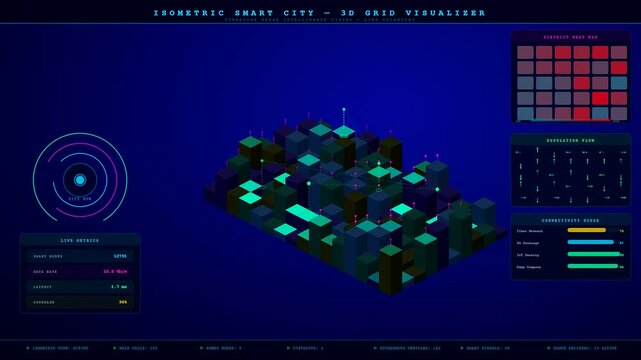 An intricate Smart City Dashboard featuring pulsating isometric architectural grids and shifting holographic data metrics for sophisticated urban infrastructure monitoring and digital twin simulation